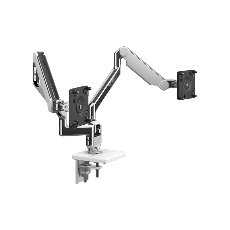 Humanscale M2.1 Dual Monitor Arm using 4"Straight/Angled/Dynamic arm links, Clamp Mount in Polished Aluminium with White Trim